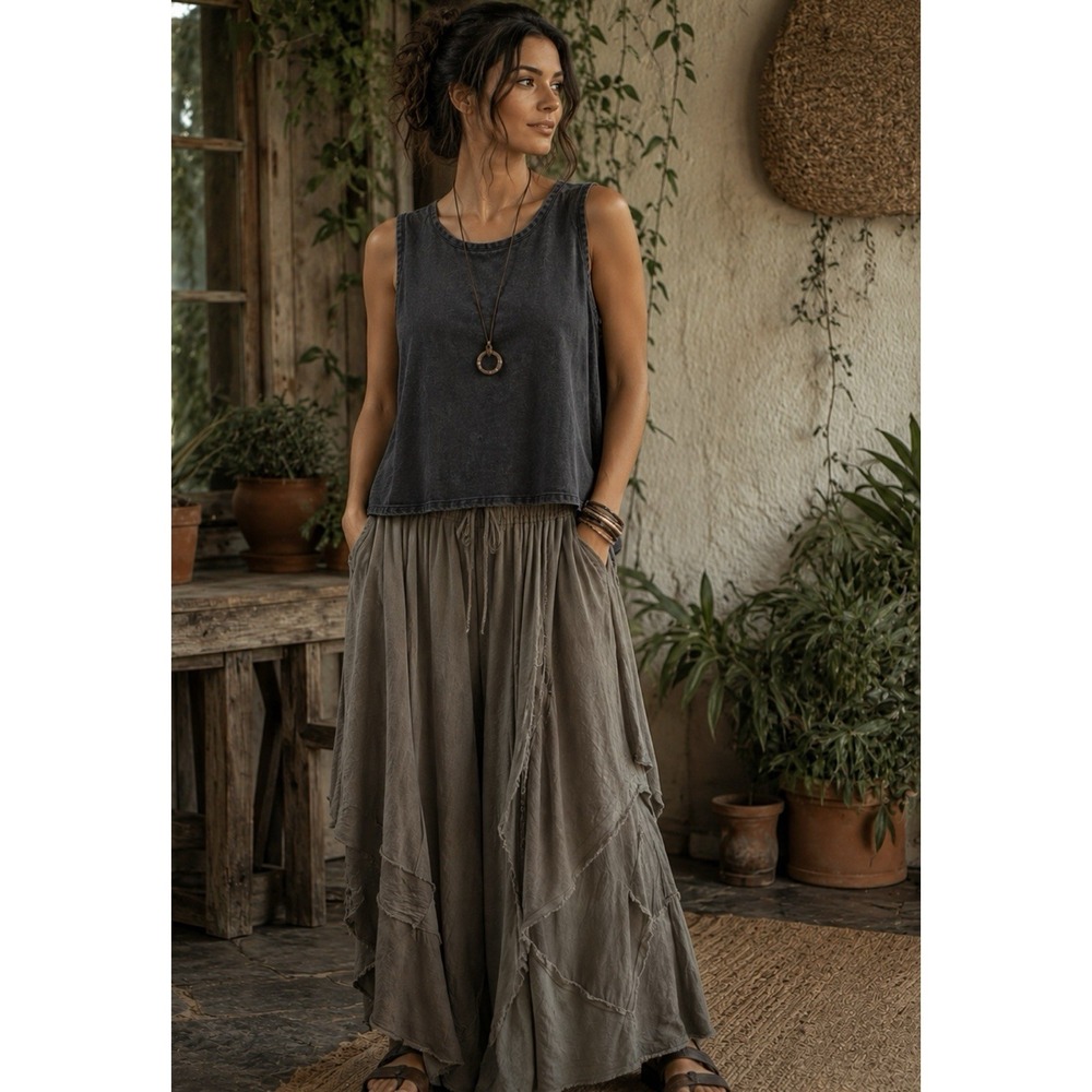 FLAX Black 100% Linen Tank Top Size M Lagenlook Witchy Minimalist
